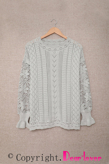 Boho Chic Crochet Knit Sweater - Breezy White Pointelle Pullover
