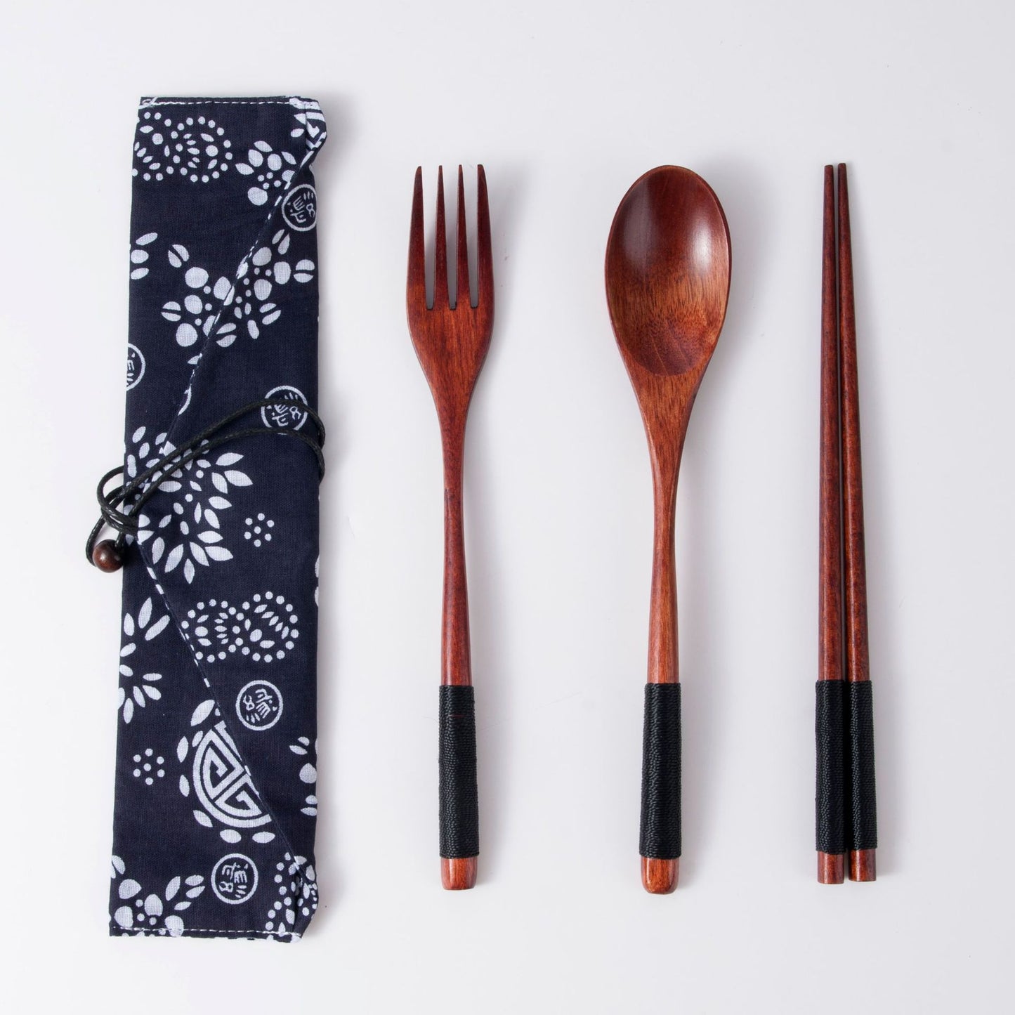Japanese Style 3-Piece Portable Wooden Cutlery Set with Pouch