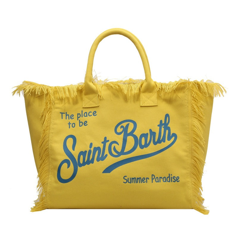 Denim Large Capacity Tote Bag – Canvas Letter Handmade Tassel Handbag