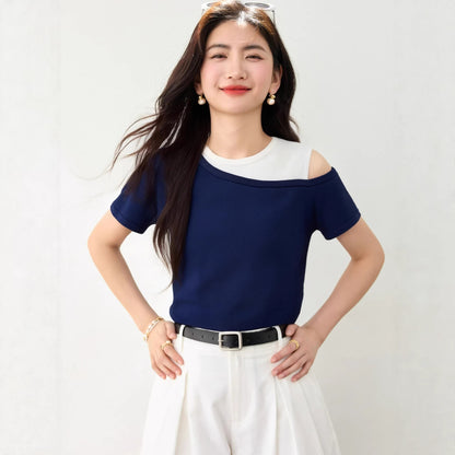 Women's Asymmetric Two-Tone Ice Silk Knit Top - Off-Shoulder Short Sleeve Blouse