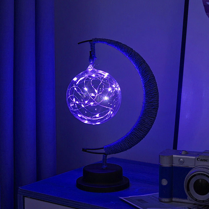 LED Star in Moon Night Light with Hemp Rope and Iron Art Base