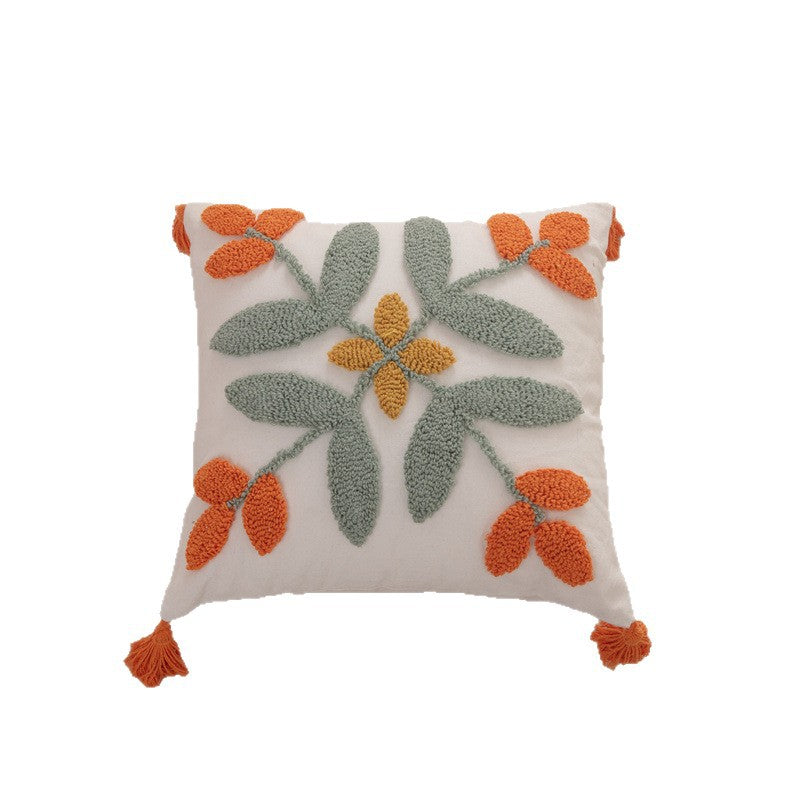 Bohemian Tufted Throw Pillow Cover - Ethnic Moroccan Leaf Embroidered Cushion Case