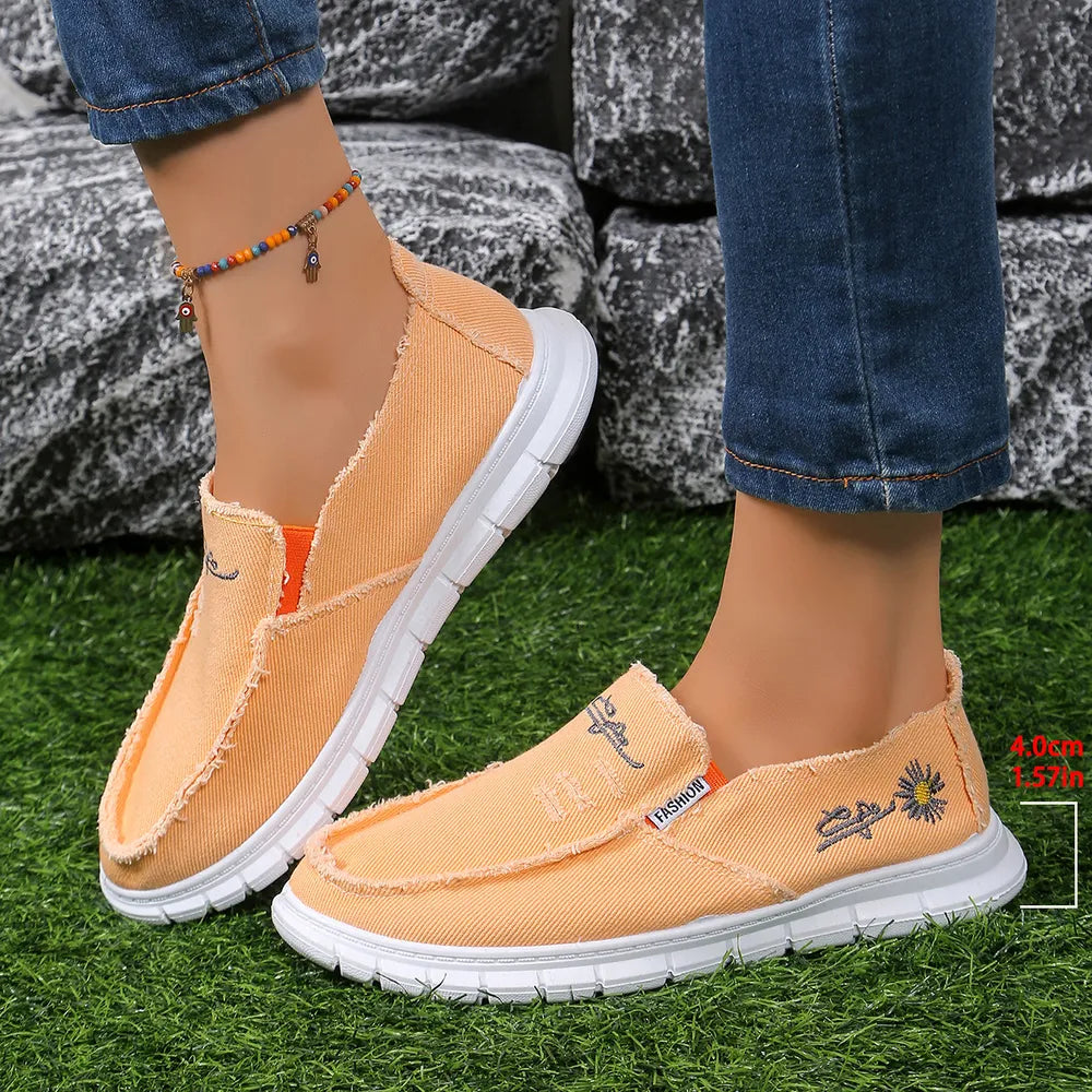 Women's Raw Edge Canvas Slip-Ons - Comfortable Round Toe Embroidery Flat Shoes
