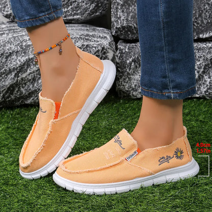 Women's Raw Edge Canvas Slip-Ons - Comfortable Round Toe Embroidery Flat Shoes
