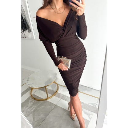 Glamorous V-Neck Ruched Bodycon Midi Dress with Long Sleeves