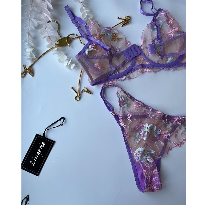 Floral Embroidered Mesh Lingerie Set with Sheer Bra and Thong