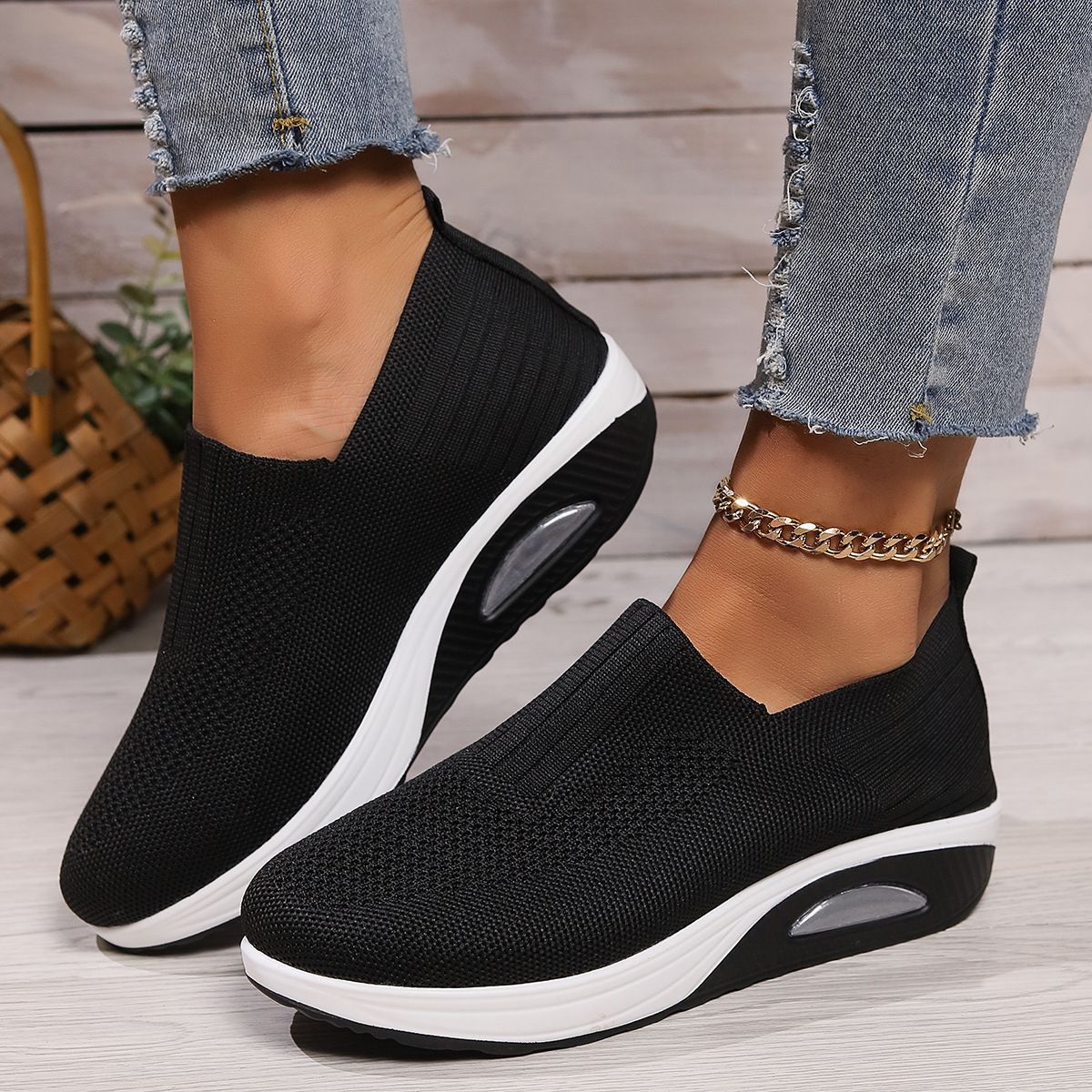 Women's Slip-On Flyknit Shoes - Thick Air Cushion Soft Sole Sneakers
