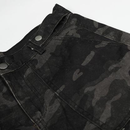 Dark Camo Multi-Pocket Cargo Shorts - Tactical Wide Leg Denim Streetwear Pants