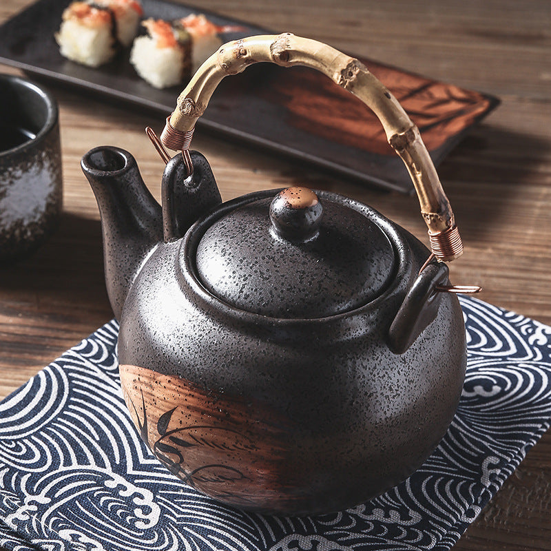 Artisan-Crafted Ceramic Teapots - Multicolored with Traditional Bamboo Rattan Handles