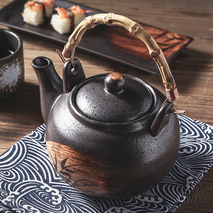 Artisan-Crafted Ceramic Teapots - Multicolored with Traditional Bamboo Rattan Handles