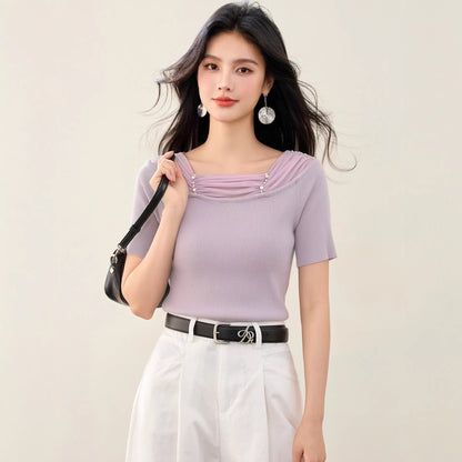 Women's Lace Spliced Off-Shoulder Knit Top - Slim Fit Short Sleeve Blouse