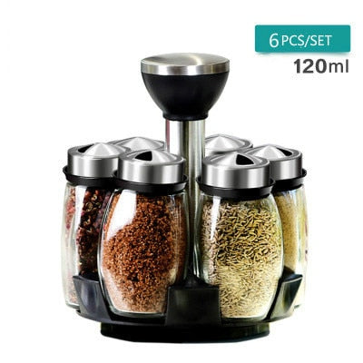 ASLESY Rotating Spice Rack Set with Cruet Condiment Seasoning Jars
