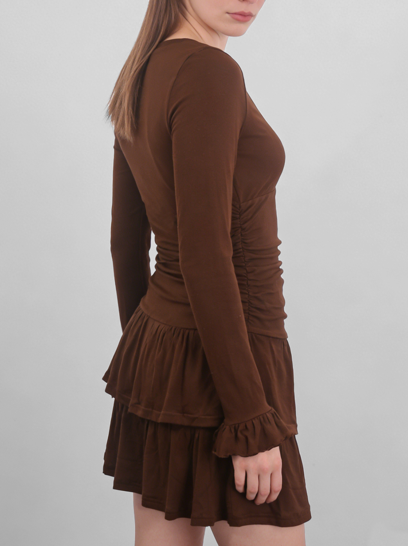 Vintage Brown Multi-Layered Ruffle Mini Dress – Elegant V-Neck Long Sleeve Party Dress