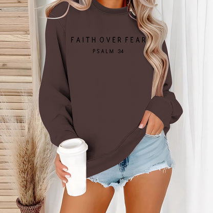 Inspirational 'Faith Over Fear' Letter Print Sweatshirt | Loose Fit Casual Pullover Top