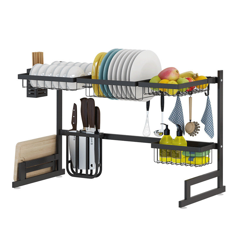 Over the Sink Dish Drying Rack - 2-Tier Stainless Steel Kitchen Organizer & Storage Space Saver (Black, 65/85cm)