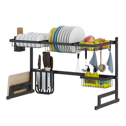 Over the Sink Dish Drying Rack - 2-Tier Stainless Steel Kitchen Organizer & Storage Space Saver (Black, 65/85cm)