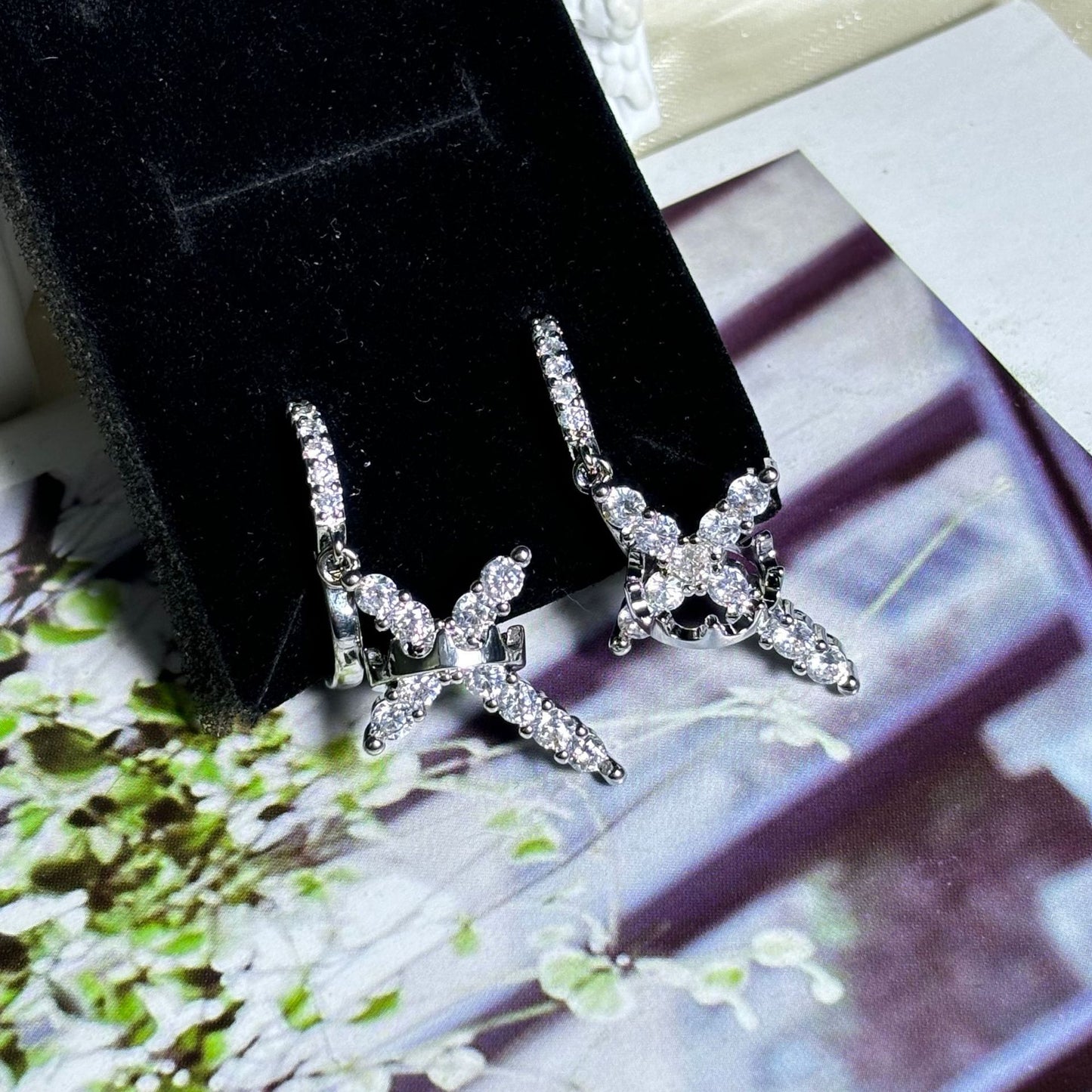 Gold Tone Zircon Pave Cross Dangle Hoop Earrings