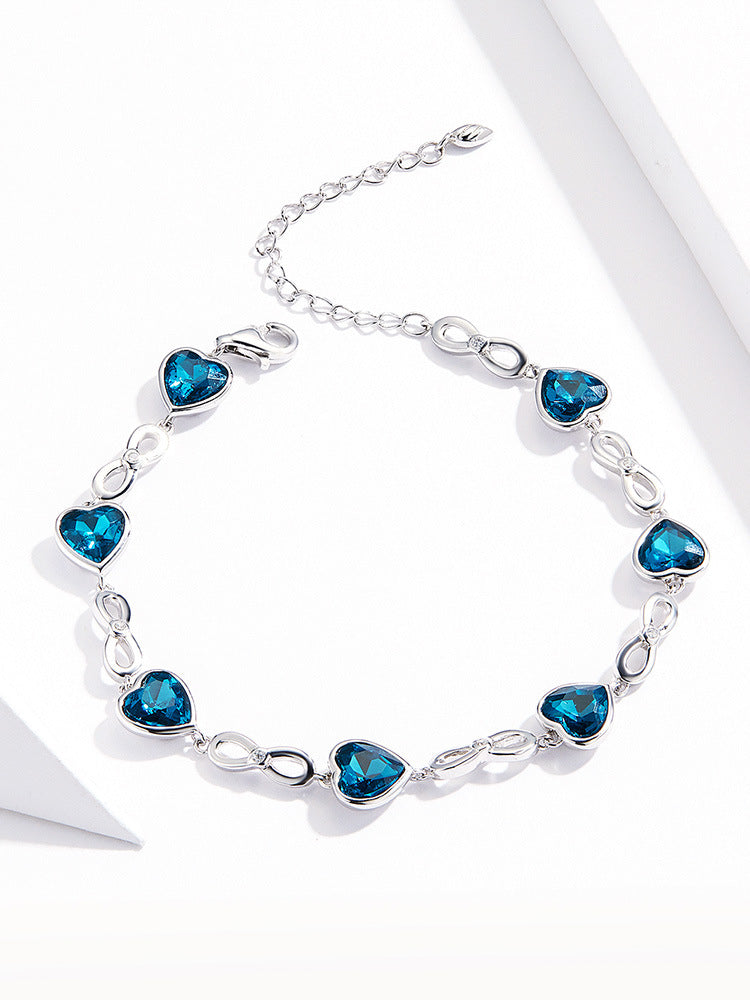 Women's Silver Link Bracelet with Sapphire Blue Hearts & Infinity Symbols