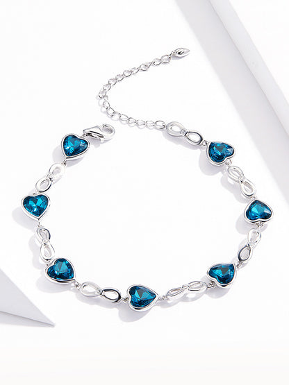 Women's Silver Link Bracelet with Sapphire Blue Hearts & Infinity Symbols