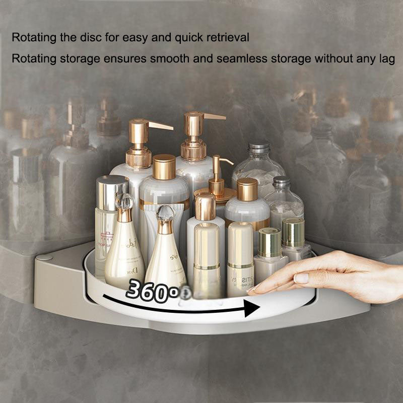 360° Rotating Triangle Bathroom Storage Rack – Wall-Mounted Corner Organizer with No-Drilling Suction