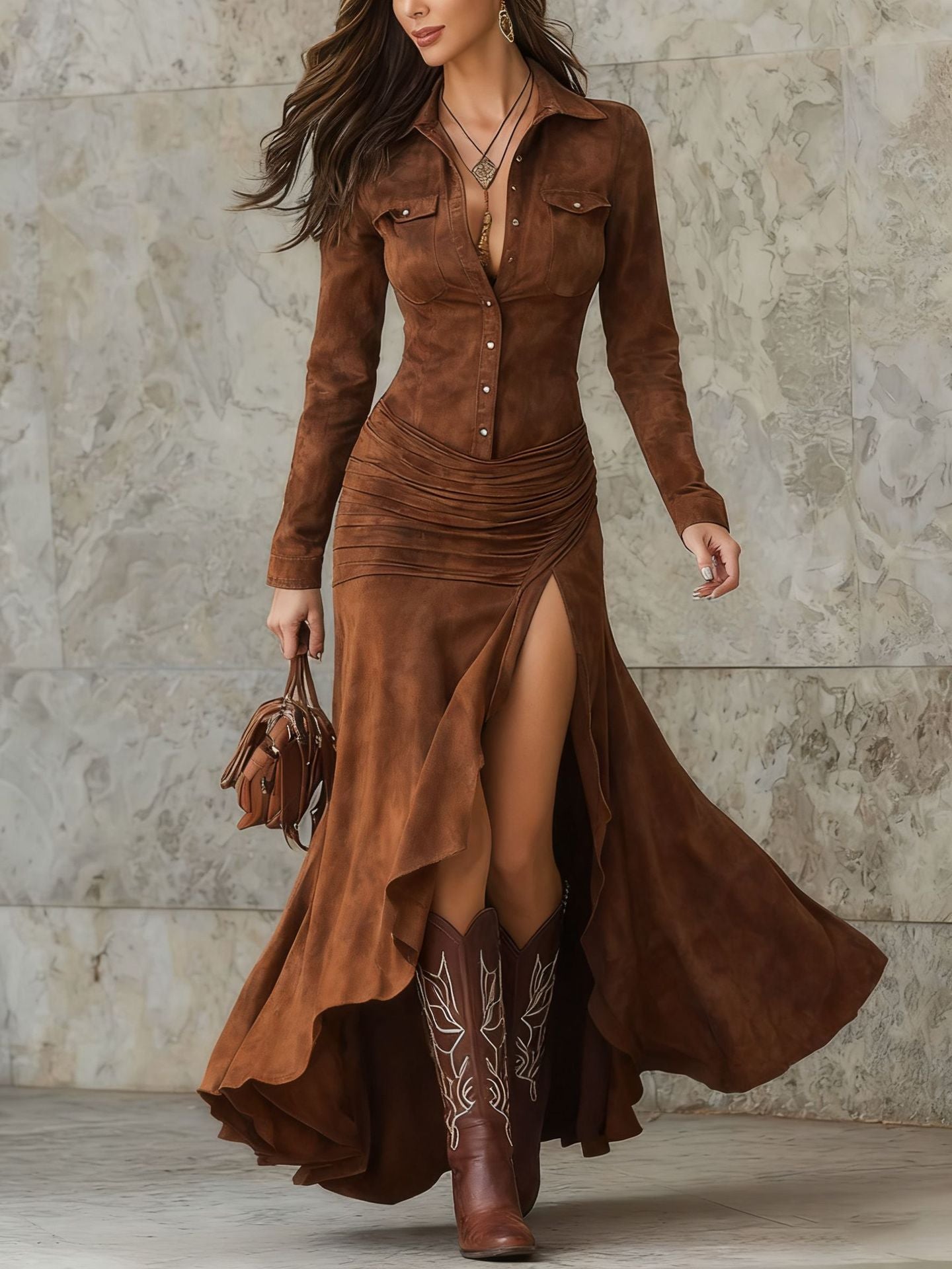 Women's Elegant Stand Collar Long Sleeve Dress - Slim Fit Slit Maxi Dress