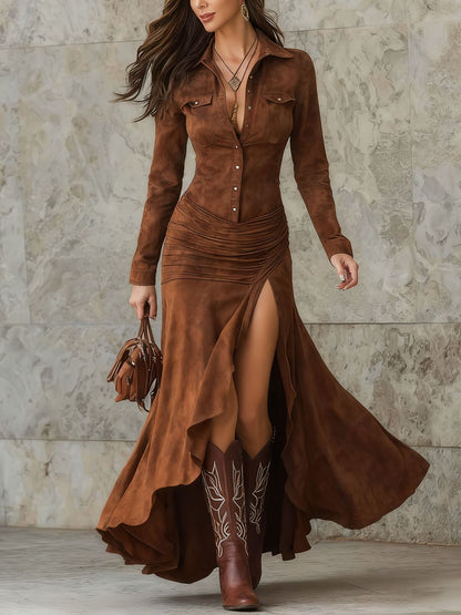 Women's Elegant Stand Collar Long Sleeve Dress - Slim Fit Slit Maxi Dress