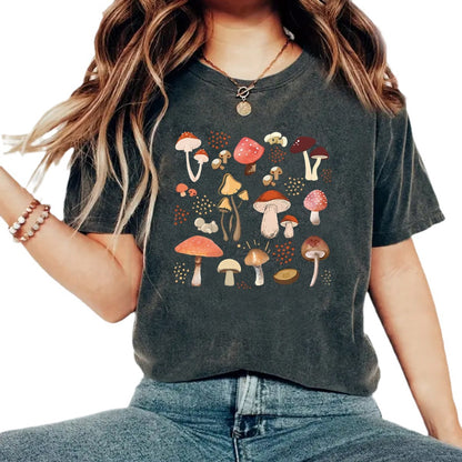 Vintage Mushroom Pattern Printed Round Neck Short Sleeved T-Shirt | Nature Graphic Tee