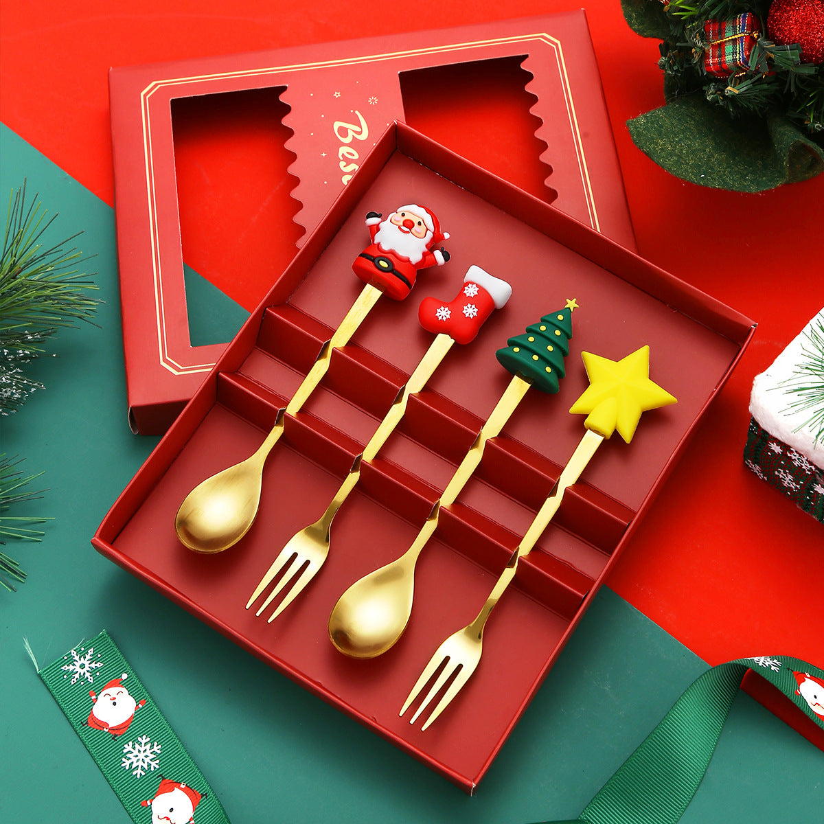 Luxury Christmas Gift Tableware Set - Gold Stainless Steel Coffee Spoon & Dessert Fork with Festive Cartoon Handles (Set of 4)