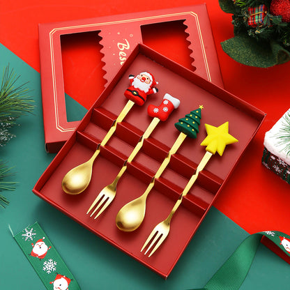 Luxury Christmas Gift Tableware Set - Gold Stainless Steel Coffee Spoon & Dessert Fork with Festive Cartoon Handles (Set of 4)