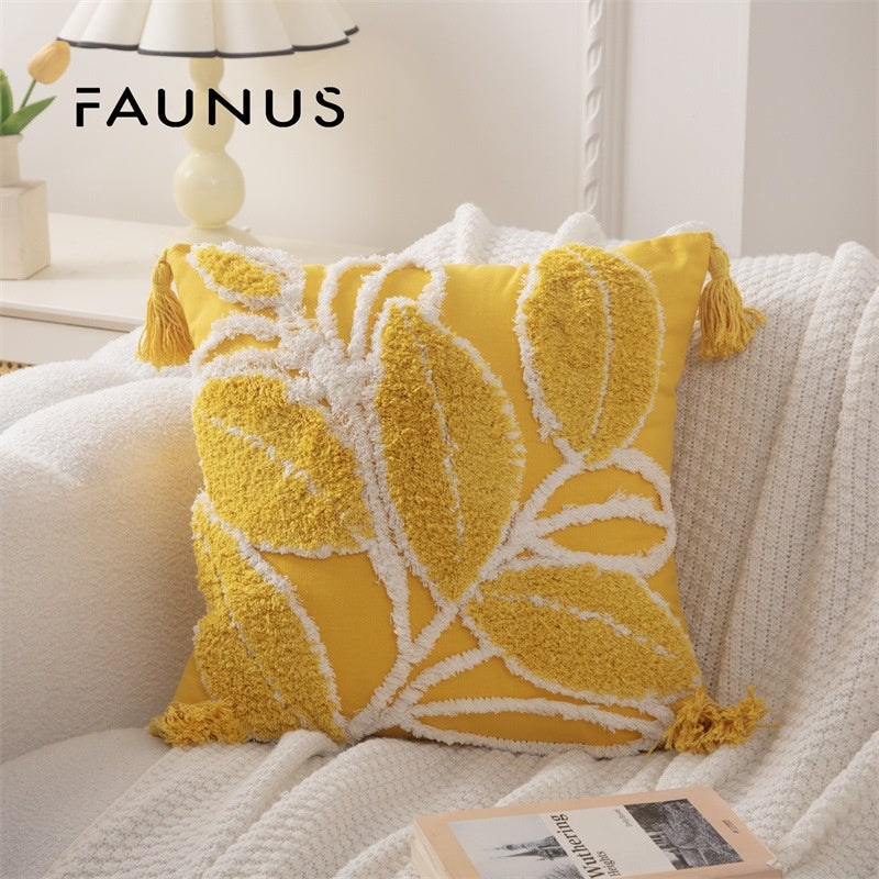 Bohemian Tufted Throw Pillow Cover - Ethnic Moroccan Leaf Embroidered Cushion Case