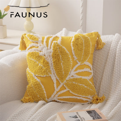 Bohemian Tufted Throw Pillow Cover - Ethnic Moroccan Leaf Embroidered Cushion Case
