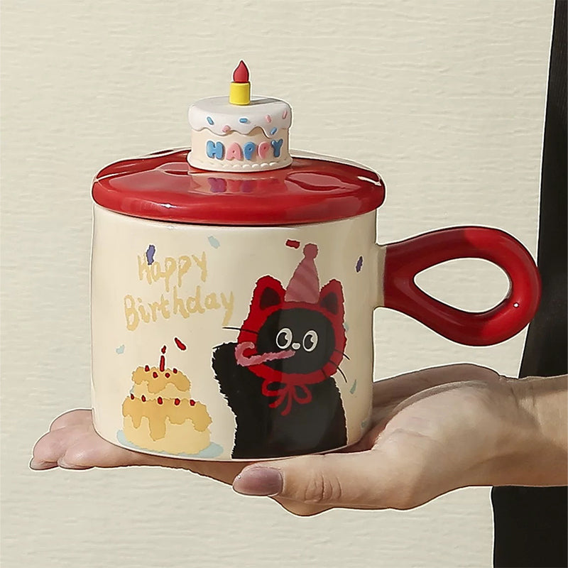 Adorable Cartoon Cat Birthday Ceramic Mug with Lid and Gift Box