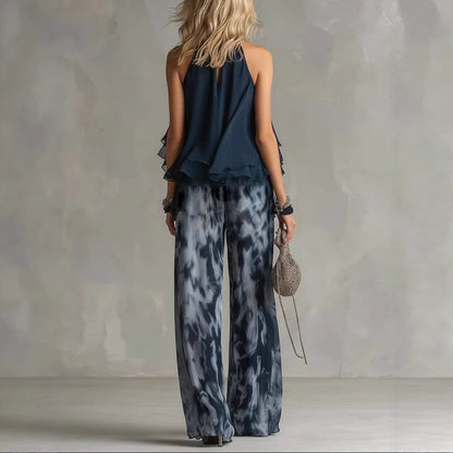 Chic Summer 2-Piece Outfit - Ruffle Halter Blouse with Tie-Dye Palazzo Pants