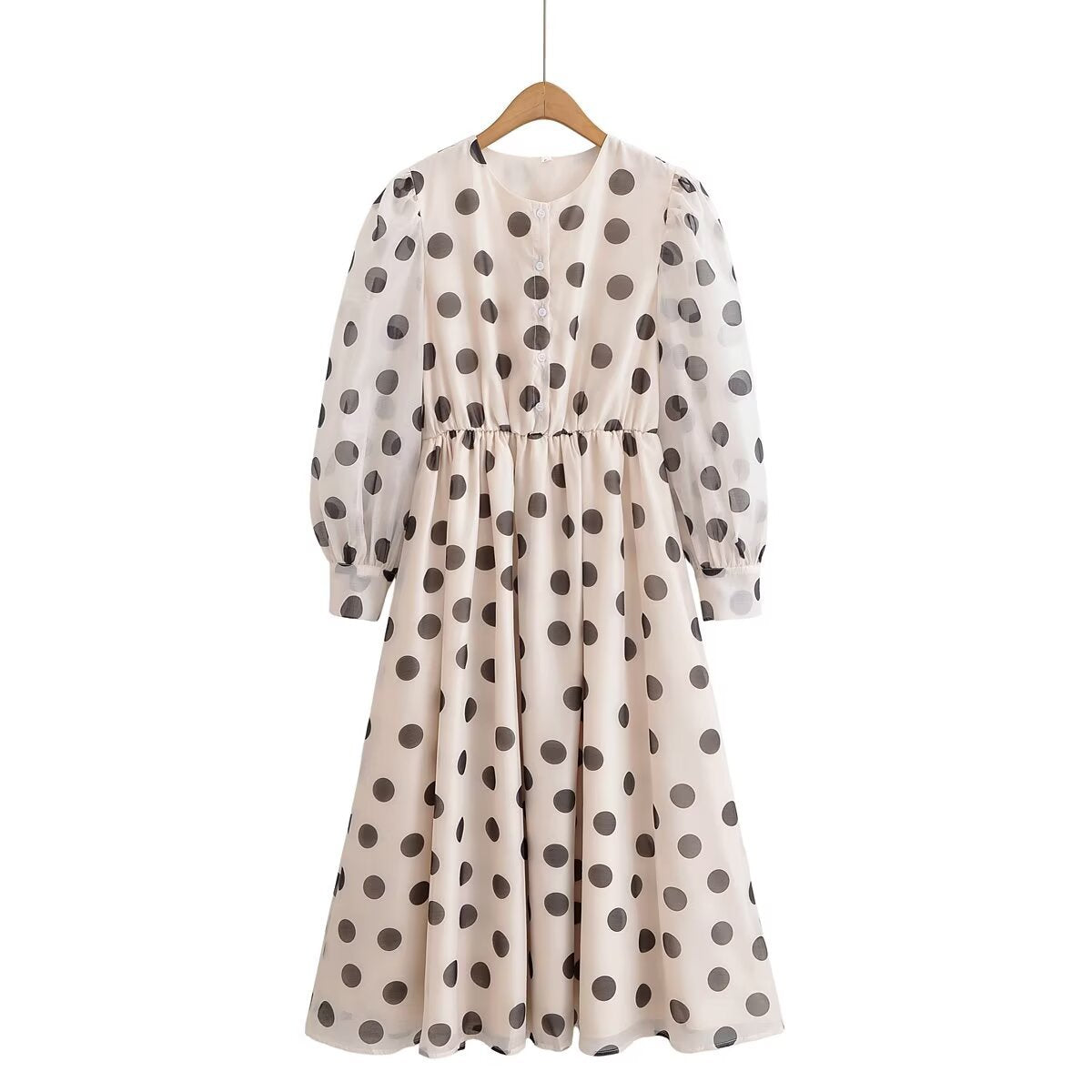 Vintage Polka Dot Print Long Dress – Elegant Round Neck Bubble Sleeve Maxi Dress with Cinched Waist