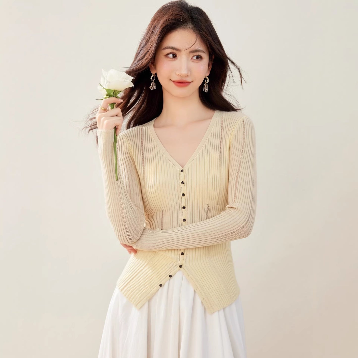 Minimalist Hollow Knit Cardigan for Women - Elegant Long Sleeve Top