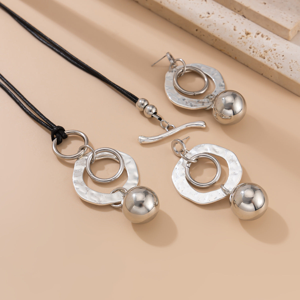 Geometric Circle Pendant Necklace & Earring Set with Black Cord