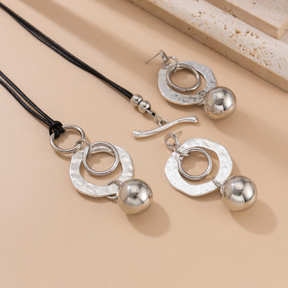 Geometric Circle Pendant Necklace & Earring Set with Black Cord