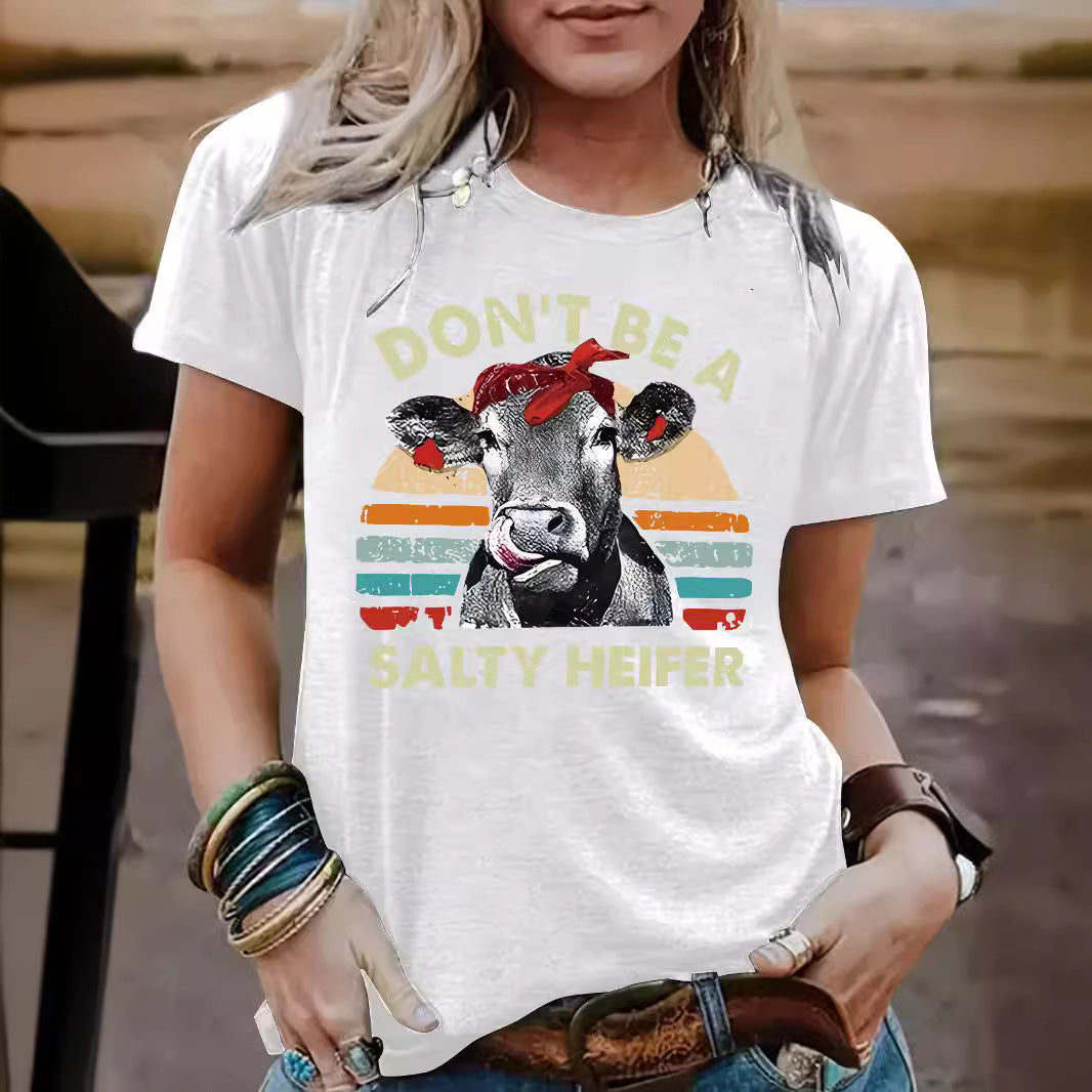 Funny Cow Pattern Printed Round Neck Short Sleeved Shirt | 'Don't Be A Salty Heifer' Graphic Tee