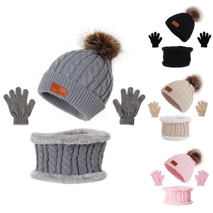 Toddler Autumn Winter Warm Beanie Set with Faux Fur Pom Pom