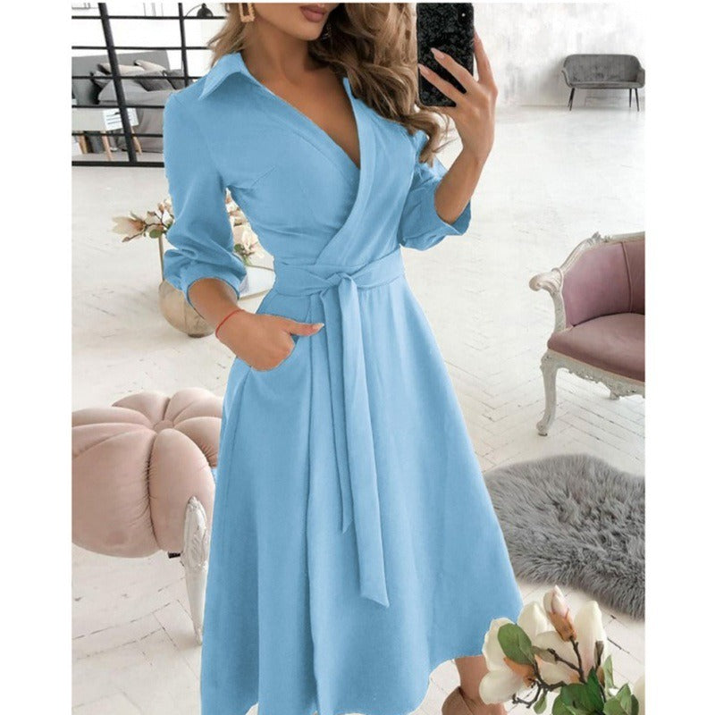 Elegant V-Neck Wrap Midi Dress - Chic Long Sleeve Office & Party Wear for Women