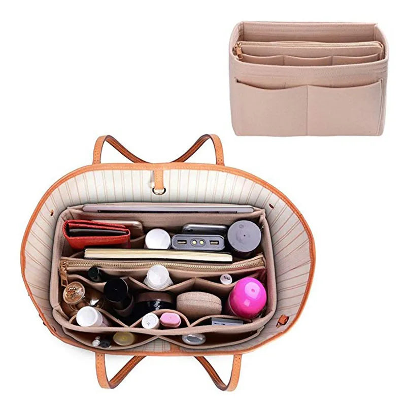 Multi-Pocket Women's Makeup Bag – Felt Purse Organizer Insert for Handbags