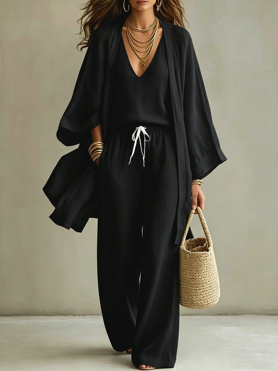 Elegant Linen Look 3-Piece Matching Set - Flowing Open Front Shrug with Wide Leg Pants