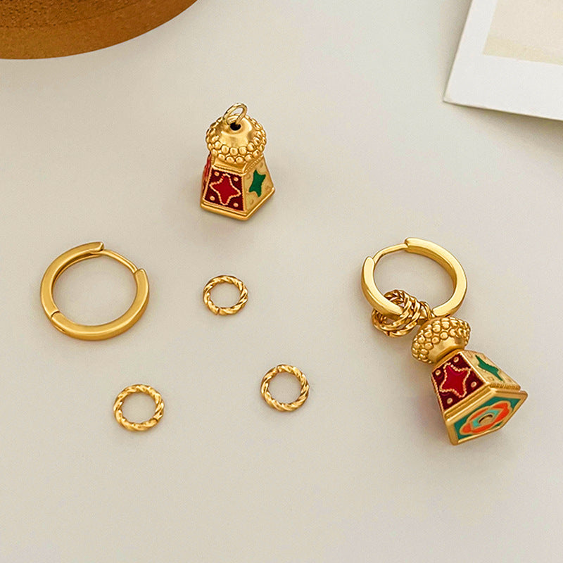 Chinese Retro Enamel Lantern Drop Hoop Earrings
