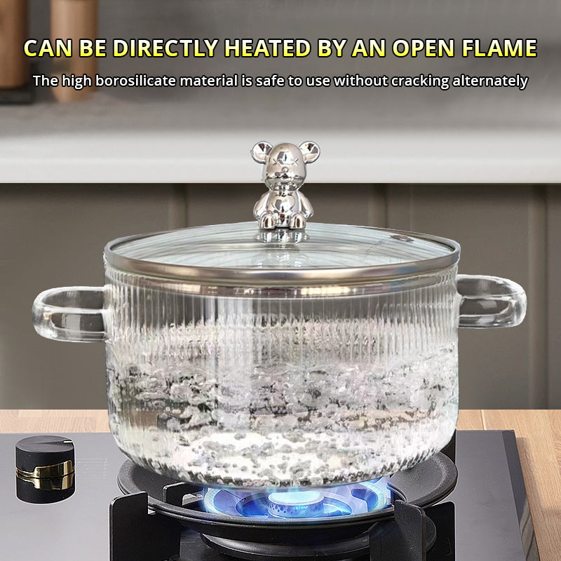 Heat-Resistant Borosilicate Glass Soup Pot with Bear Handle Lid - Flame-Safe Instant Noodle Bowl & Salad Pot with Handles