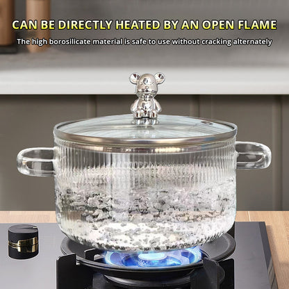 Heat-Resistant Borosilicate Glass Soup Pot with Bear Handle Lid - Flame-Safe Instant Noodle Bowl & Salad Pot with Handles