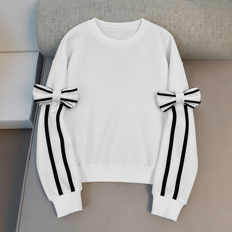 Bow Tie Sleeve Contrasting White Sweatshirt | Round Neck Long Sleeve Pullover for Women