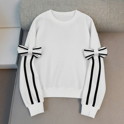 Bow Tie Sleeve Contrasting White Sweatshirt | Round Neck Long Sleeve Pullover for Women