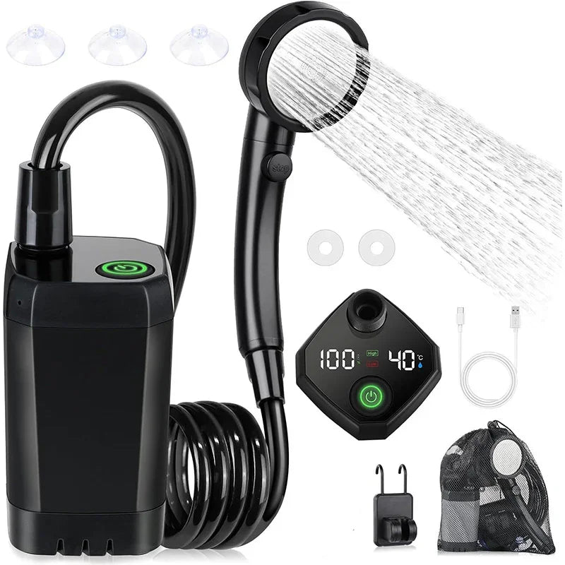 Portable electric shower kit with black pump, digital display, accessories, and water flow