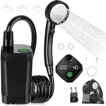 Portable electric shower kit with black pump, digital display, accessories, and water flow