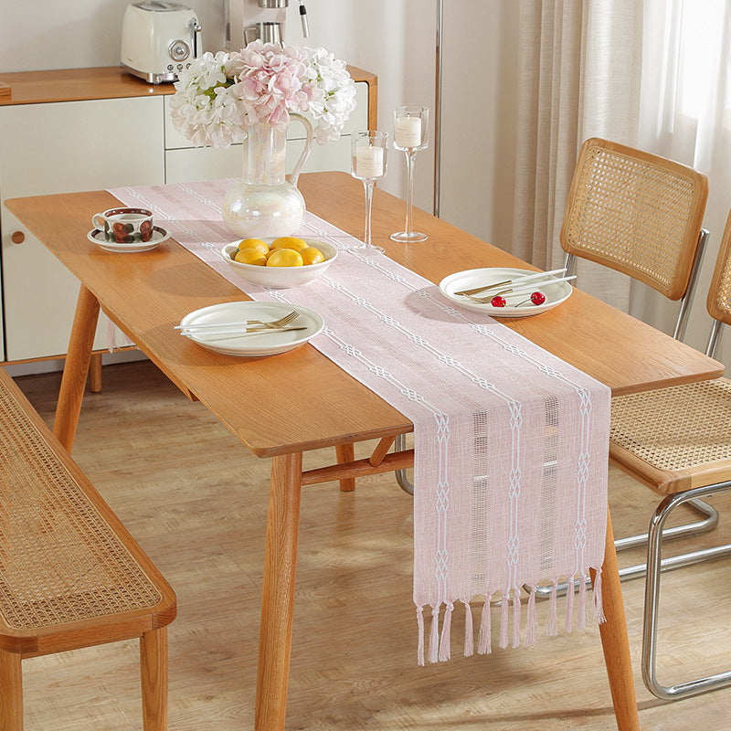 Rustic Hand-Woven Table Runner – Cotton & Linen Boho Table Flag with Tassels